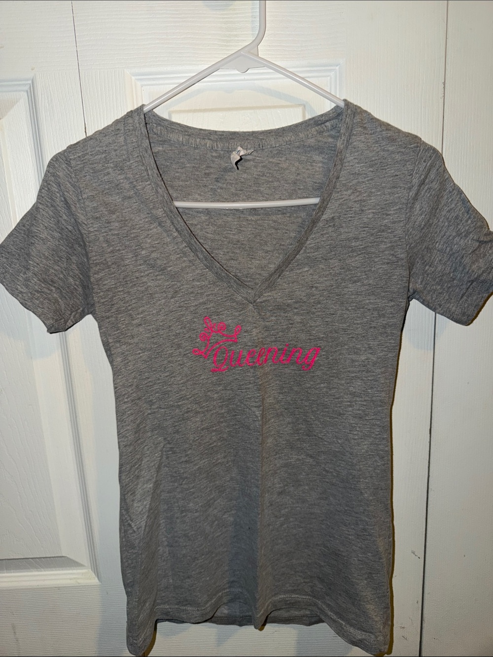 Gray V-Neck Tee with Pink "Queening" Script